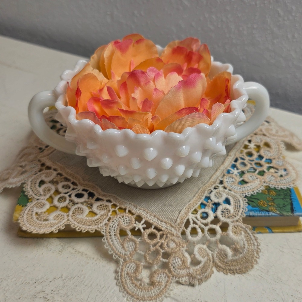Vintage Fenton Milk Glass Hobnail Candy Dish Double Handled Crimped Edge